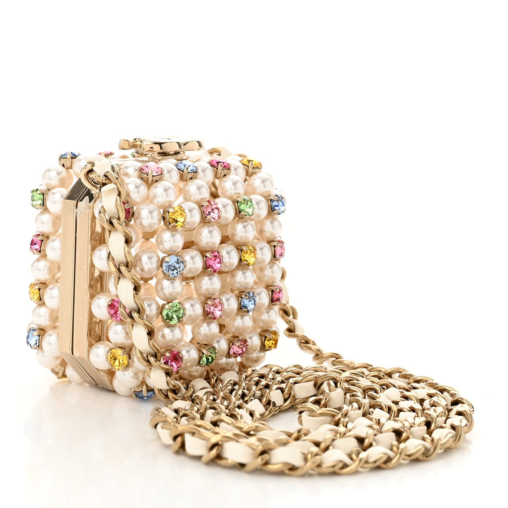 Metal Pearl Minaudiere CC Mini Evening Bag White Gold Multicolor