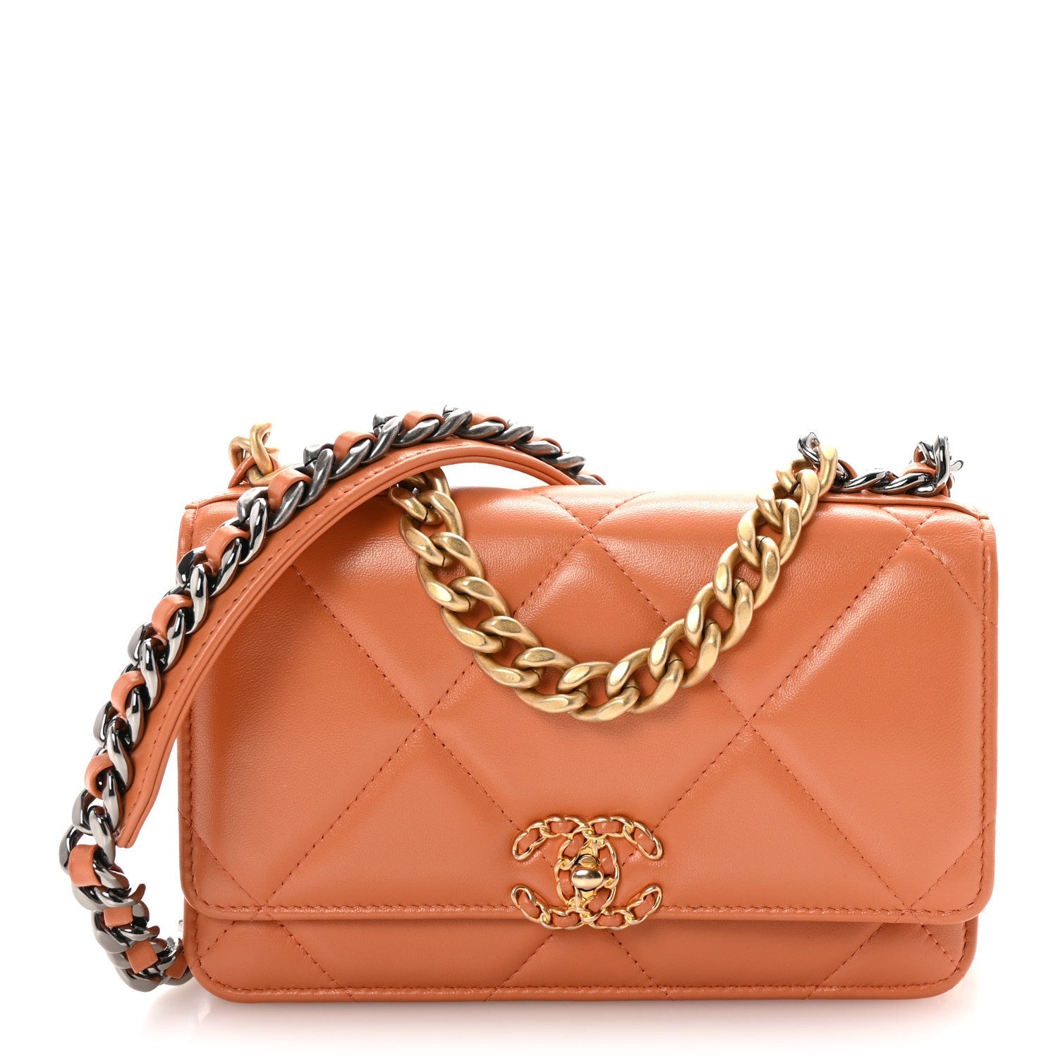 Lambskin Quilted Chanel 19 Wallet On Chain WOC Orange