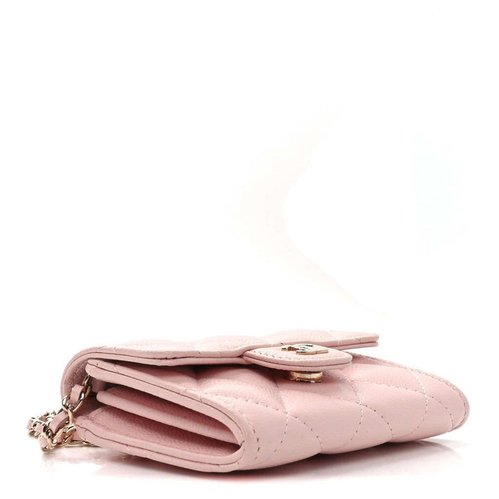Caviar Quilted Flap  Holder On Chain Pink