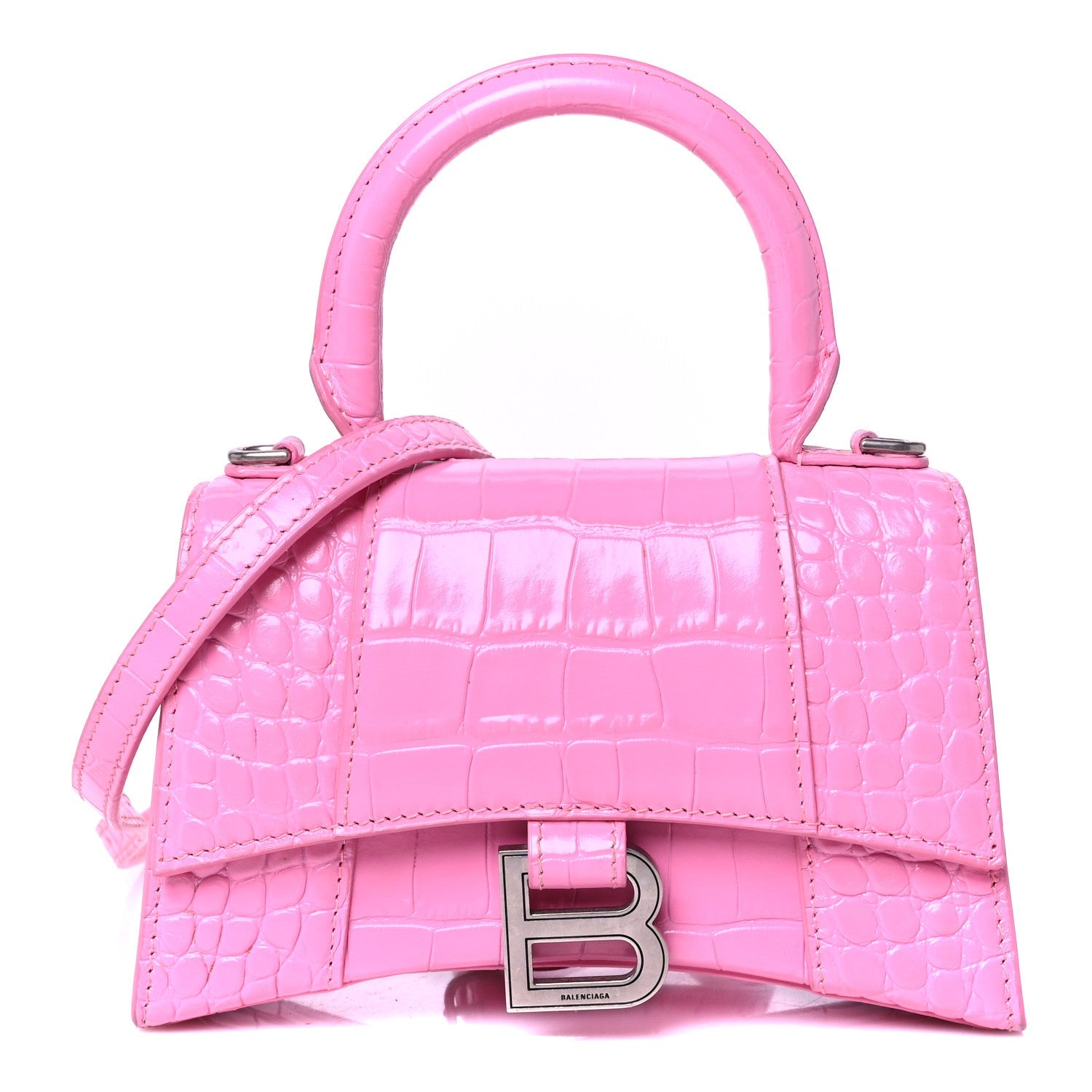 Shiny Calfskin Crocodile Embossed Hourglass Top Handle Bag XS Baby Pink