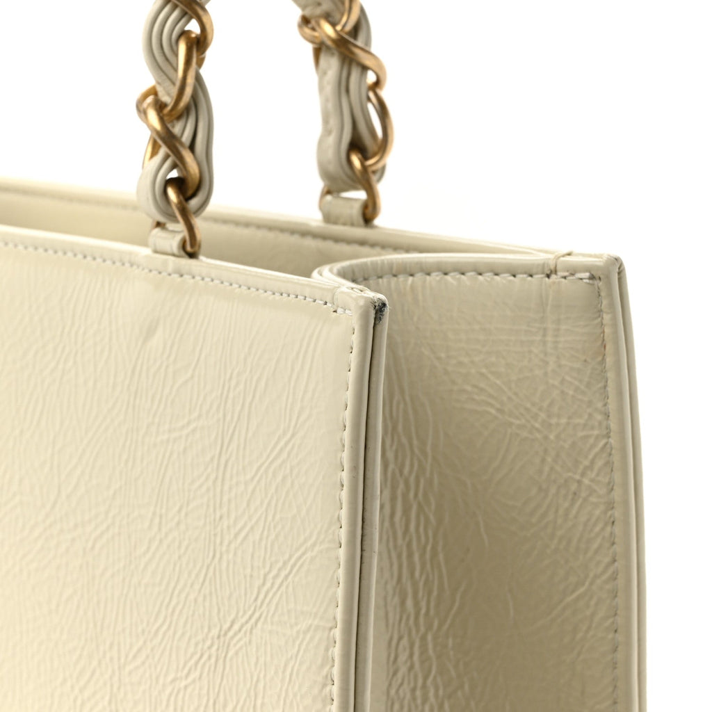 Shiny Aged Calfskin North South Shopping Bag White