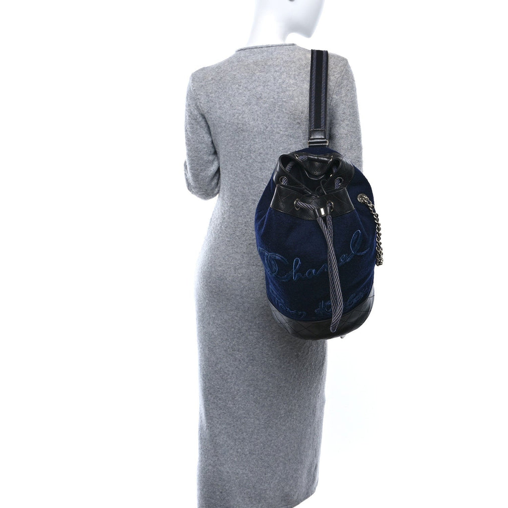 Wool Calfskin Embroidered Paris Hamburg Drawstring Backpack Navy Blue