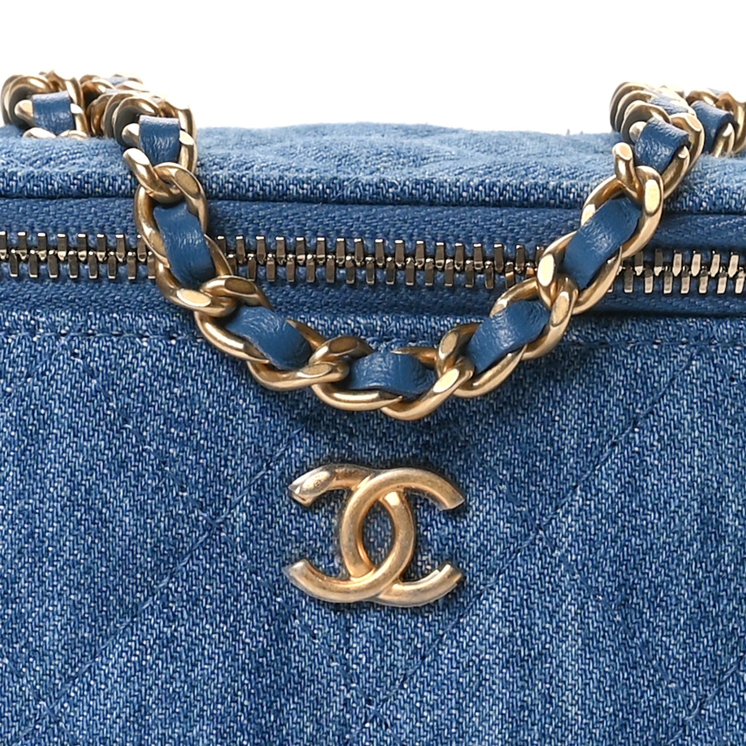 Denim Quilted Mini Pearl Crush Vanity Case With Chain