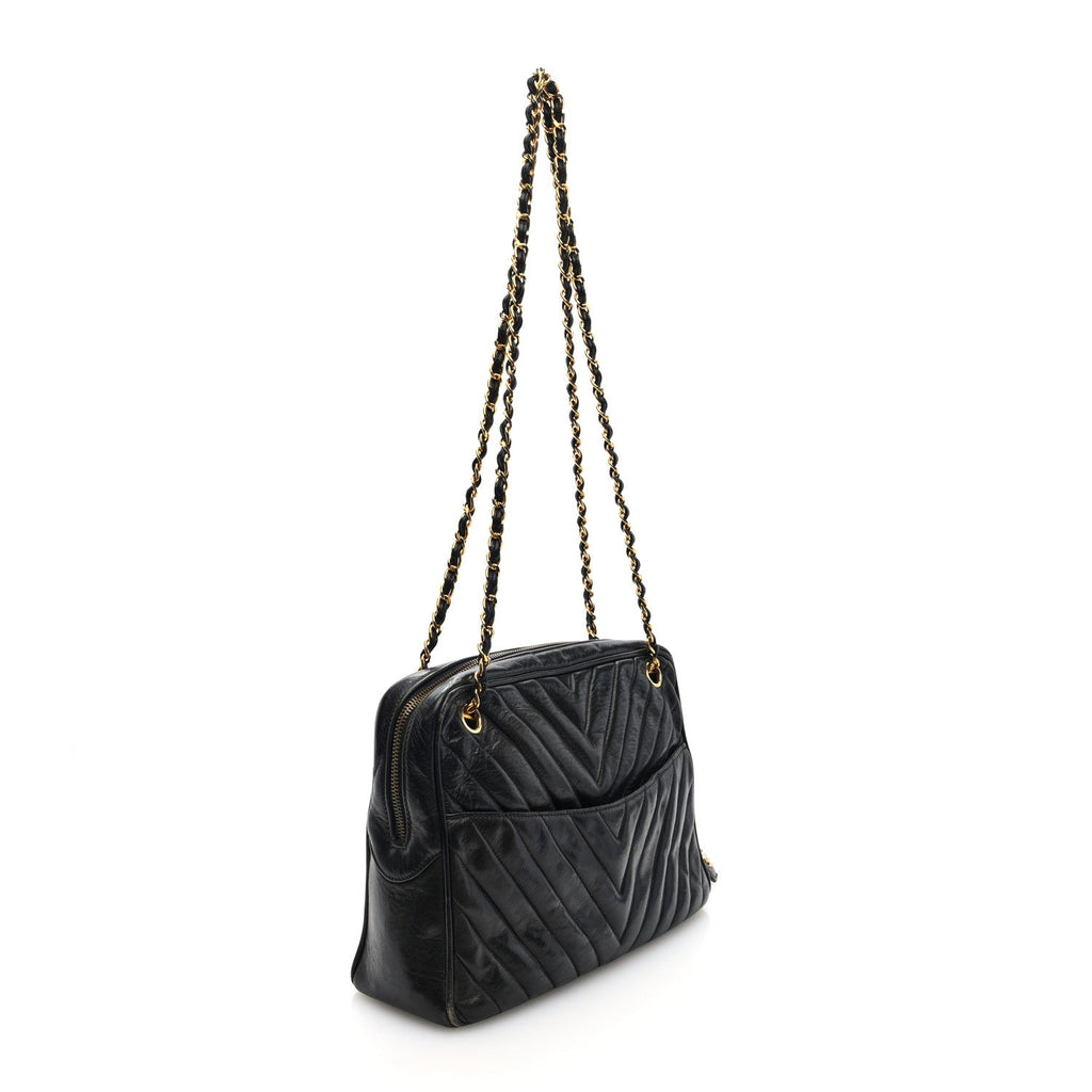 Lambskin Chevron Quilted Camera Case Black