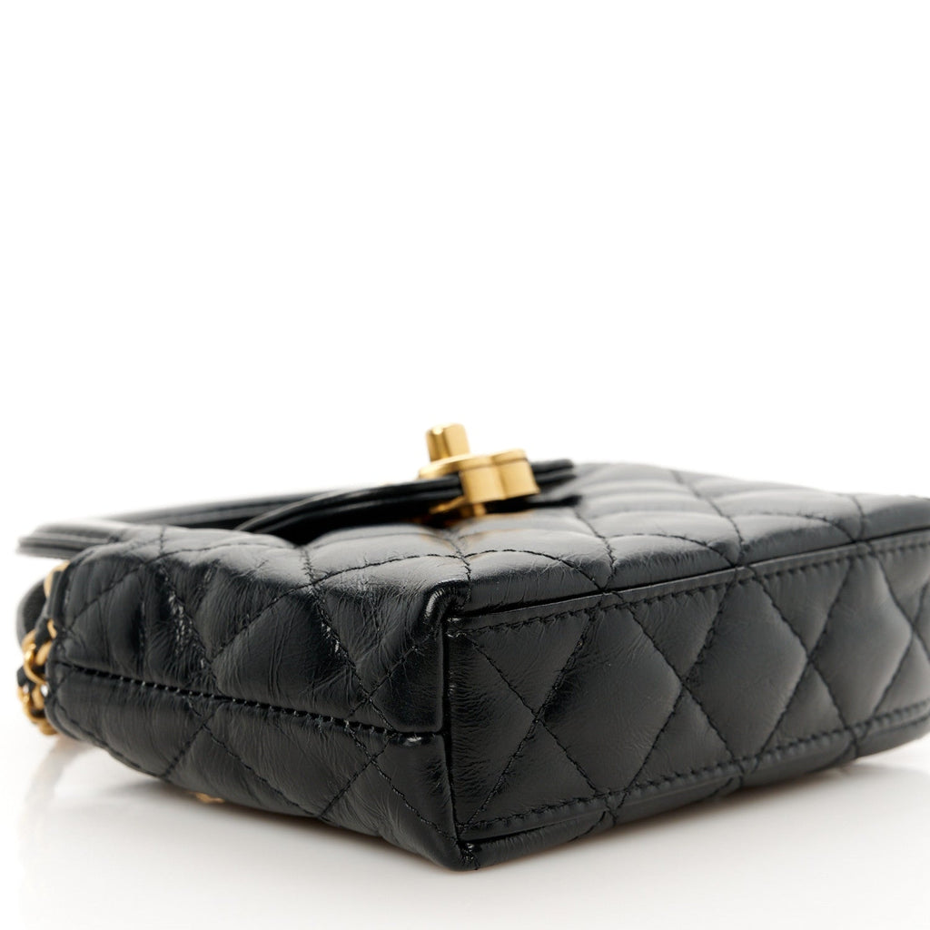Shiny Aged Calfskin Quilted Mini Nano Kelly Shopper Black