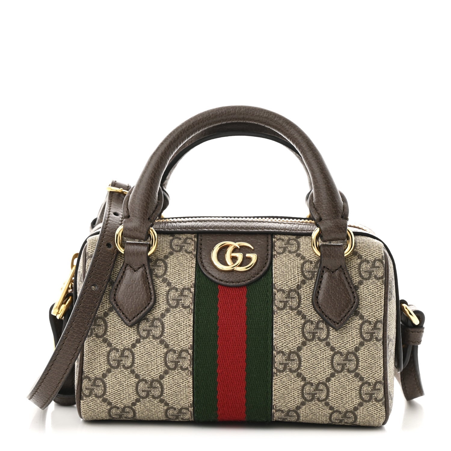 GG Supreme Monogram Textured Dollar Calfskin Web Super Mini Ophidia Top Handle Bowler Bag Beige Ebony New Acero