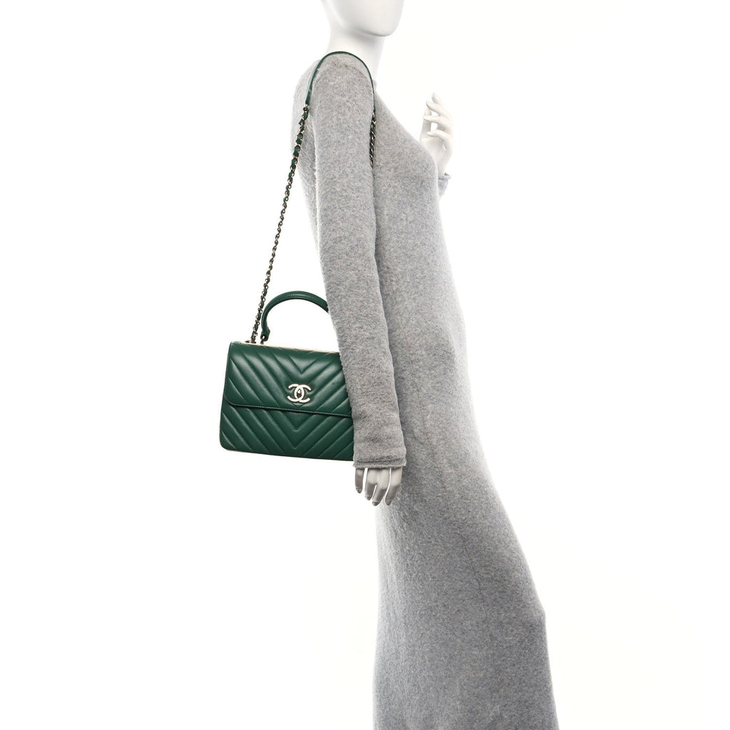 Lambskin Chevron Quilted Small Trendy CC Dual Handle Flap Bag Green