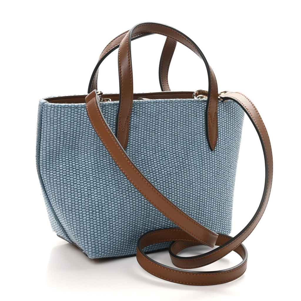 Raffia Canvas Logo Embroidered Mini Tote Smoky Blue Tan
