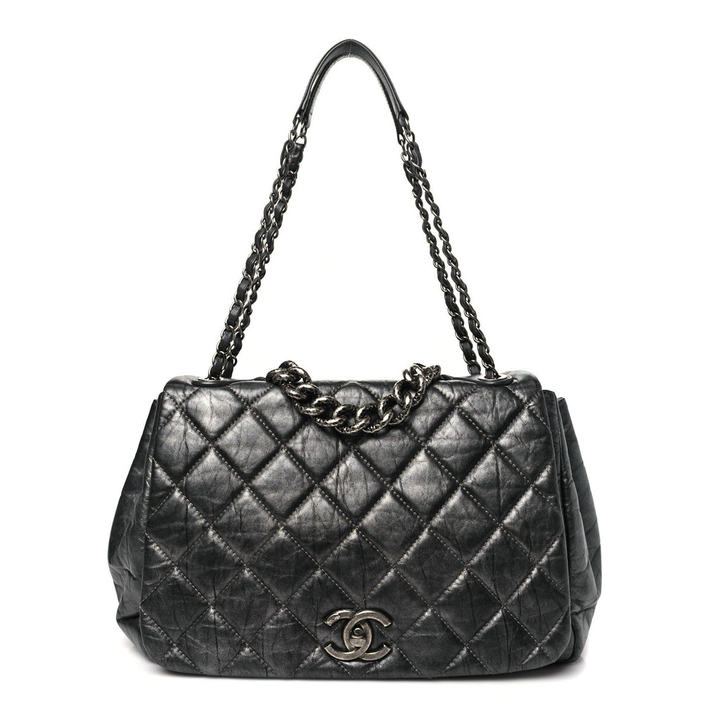 Metallic Aged Calfskin Quilted Large Pondichery Flap Dark Grey
