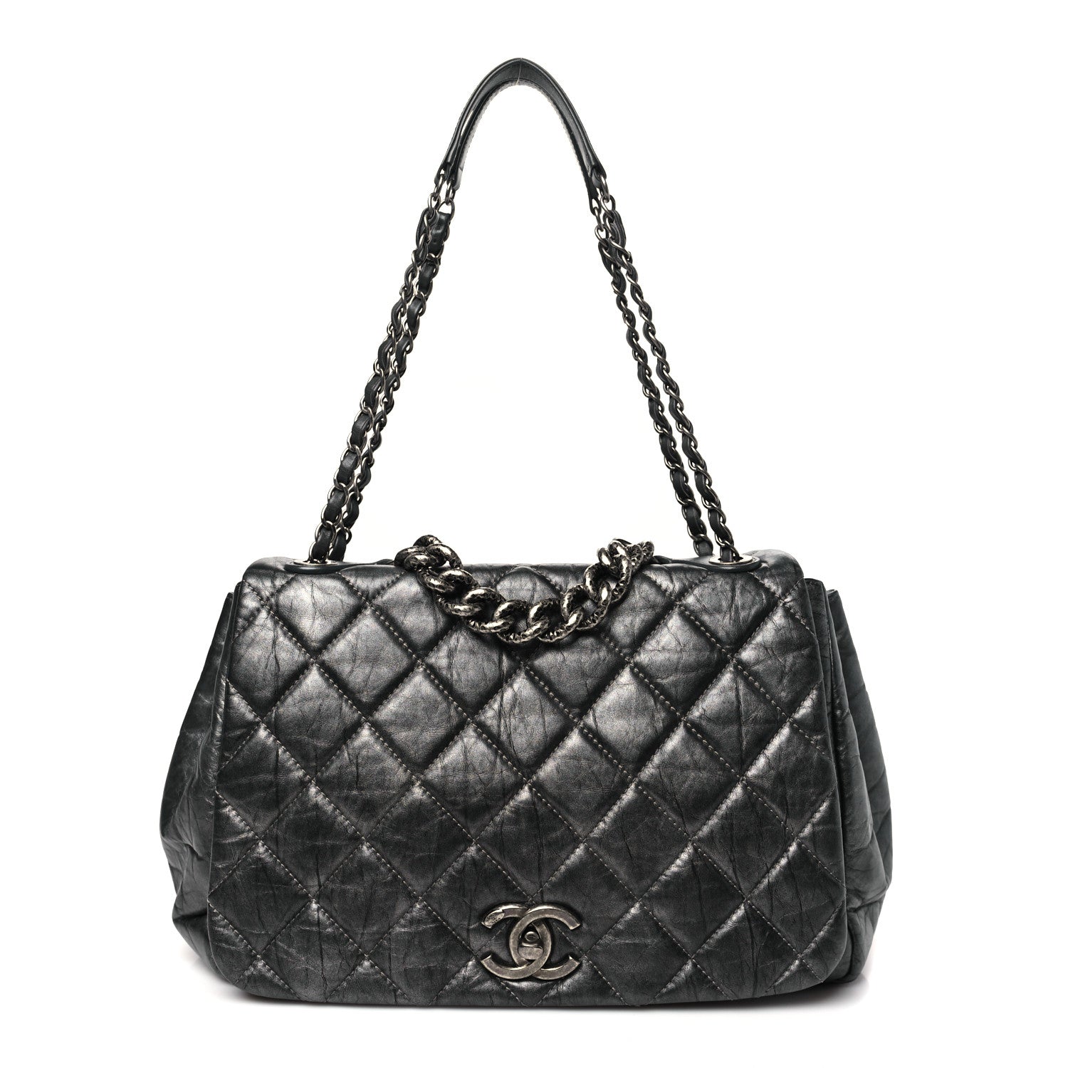 Metallic Aged Calfskin Quilted Large Pondichery Flap Dark Grey