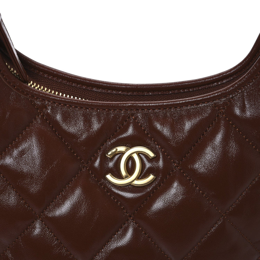 Shiny Crumpled Lambskin Quilted Small CC Funky Town Hobo Brown