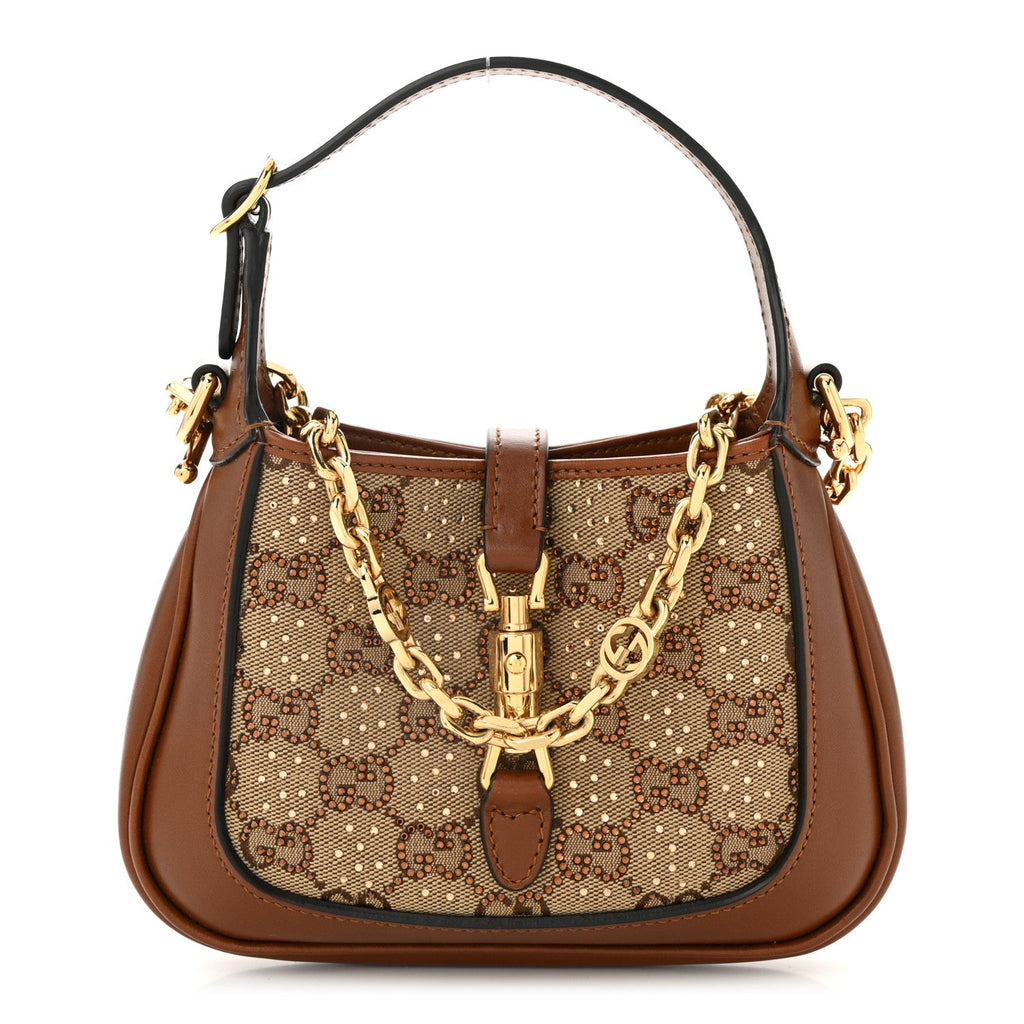 New Canvas Charisma Calfskin Crystal GG Monogram Mini Jackie 1961 Hobo Camel Ebony