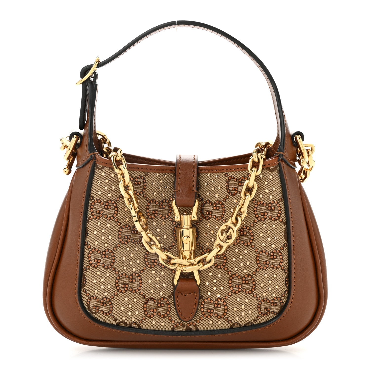 New Canvas Charisma Calfskin Crystal GG Monogram Mini Jackie 1961 Hobo Camel Ebony