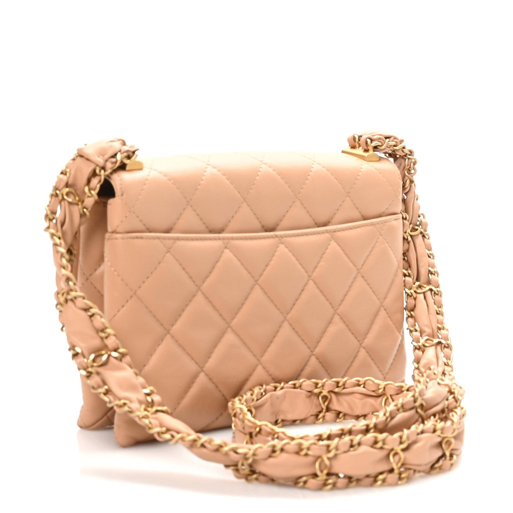Crumpled Calfskin Quilted Coco First Flap Beige