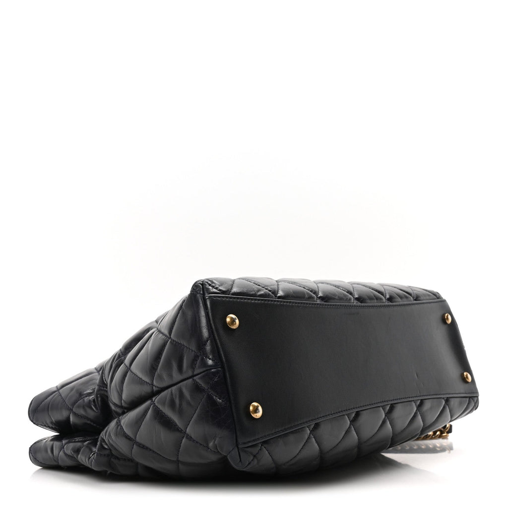 Calfskin Quilted Large Gold Bar Top Handle Tote Dark Navy Blue