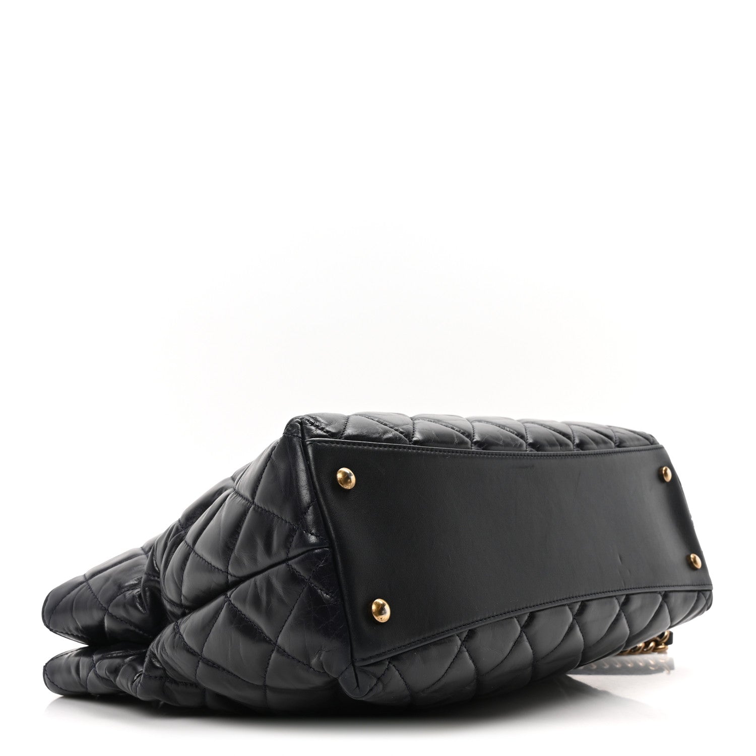 Calfskin Quilted Large Gold Bar Top Handle Tote Dark Navy Blue
