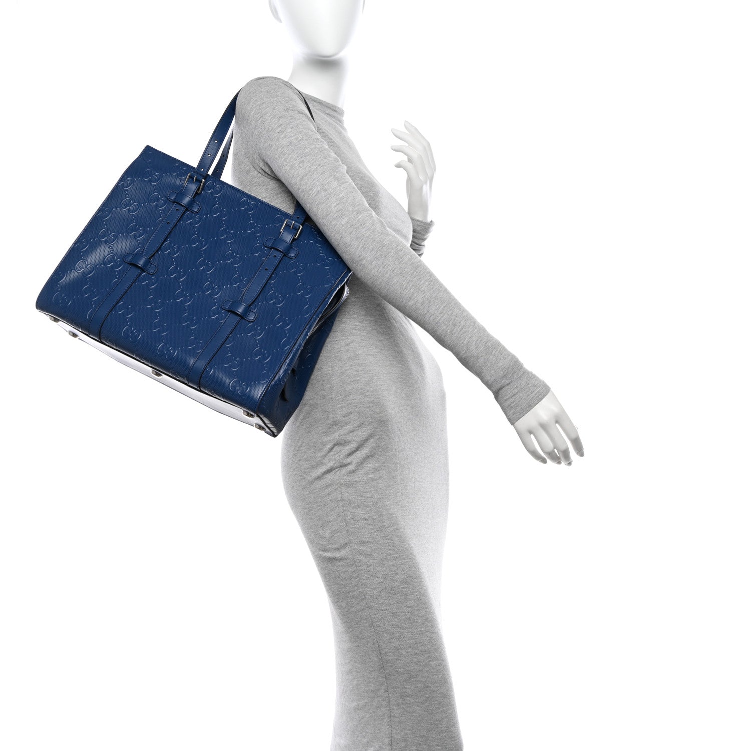 Calfskin GG Tennis Embossed Tote Bag Intense Metal Blue