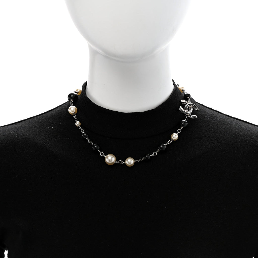Pearl Crystal Bead CC Necklace Silver Black