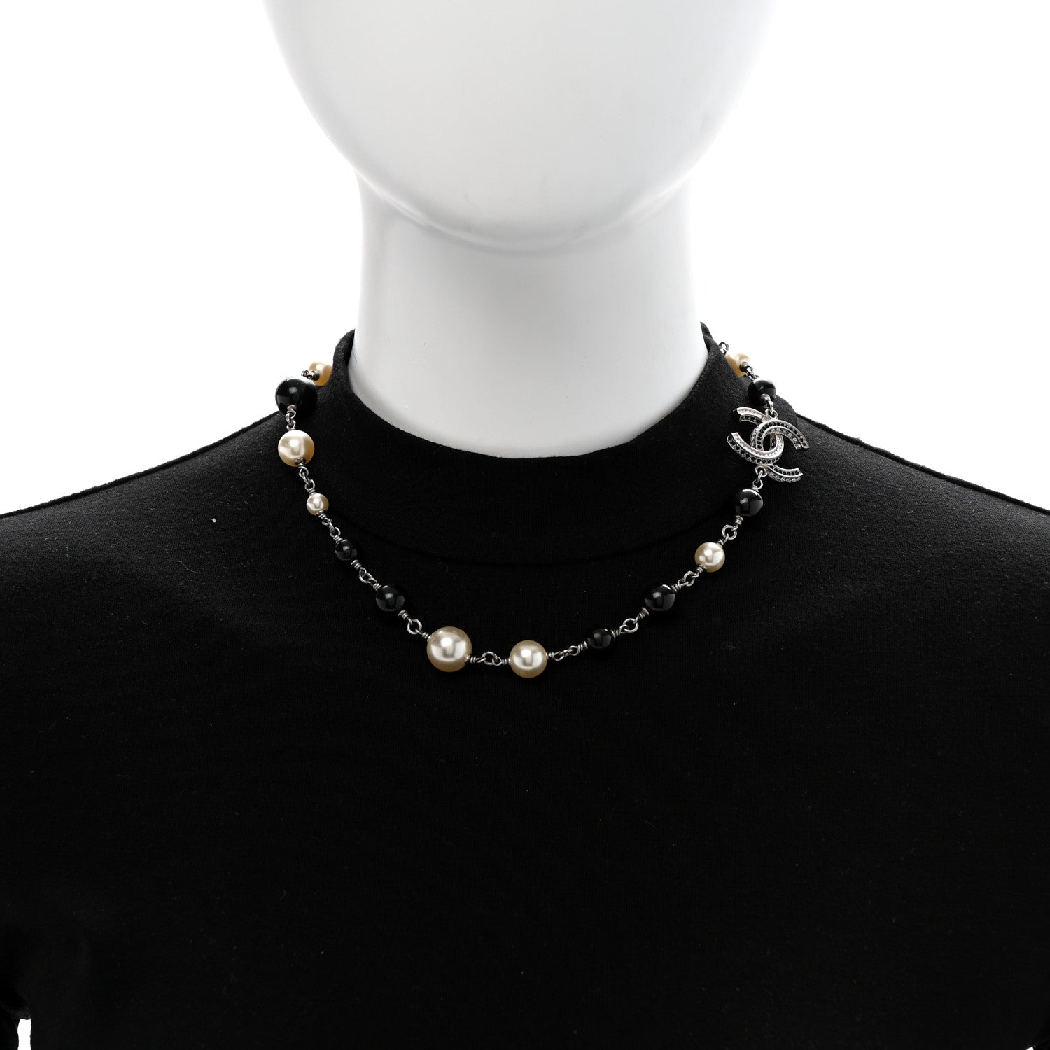 Pearl Crystal Bead CC Necklace Silver Black