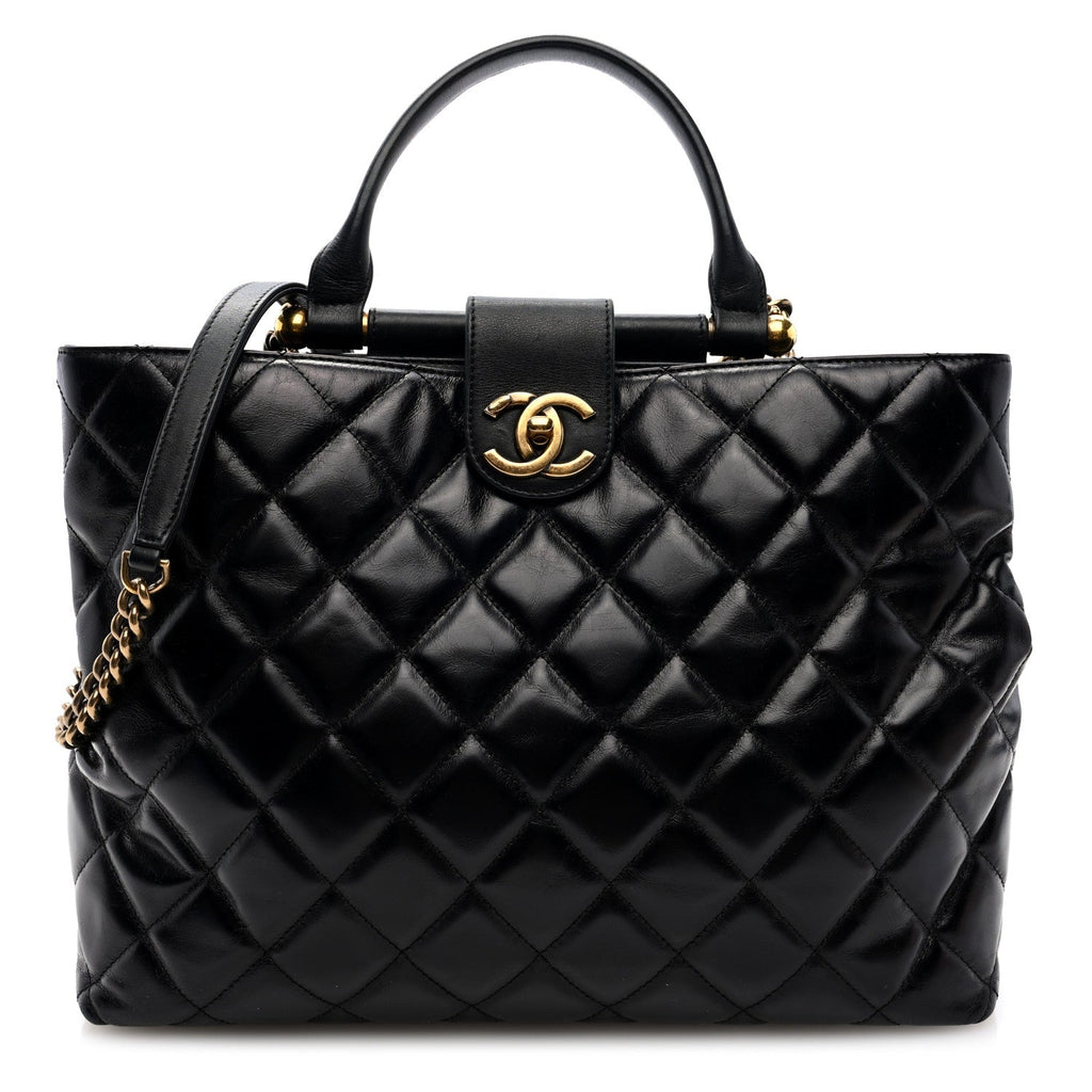 Glazed Calfskin Quilted Gold Bar Tote Black
