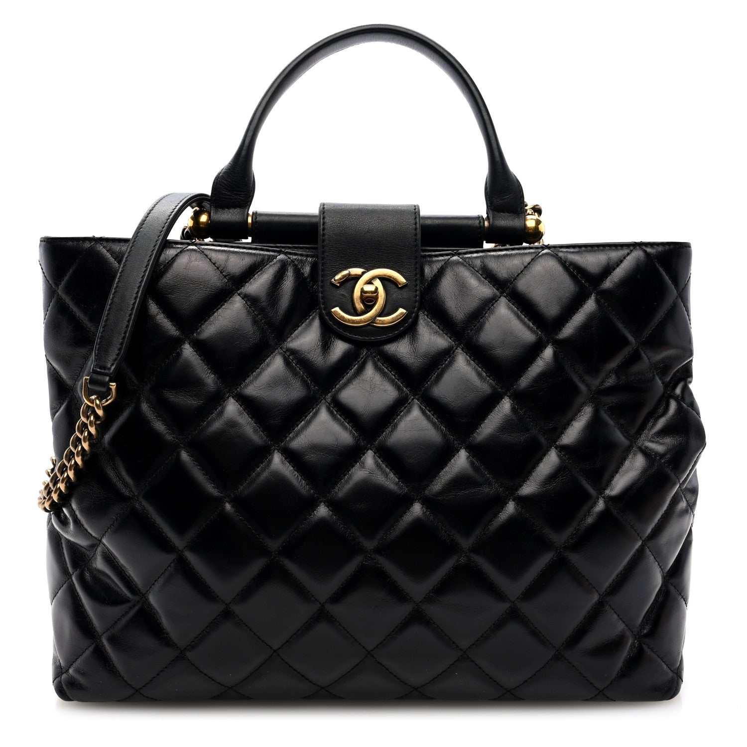 Glazed Calfskin Quilted Gold Bar Tote Black