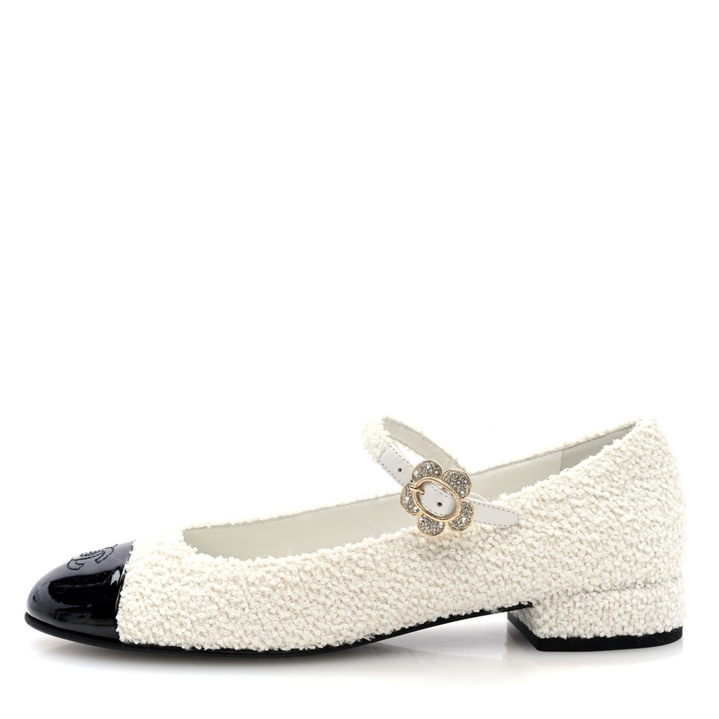 Tweed Patent Mary Jane Flats 39.5 White Black