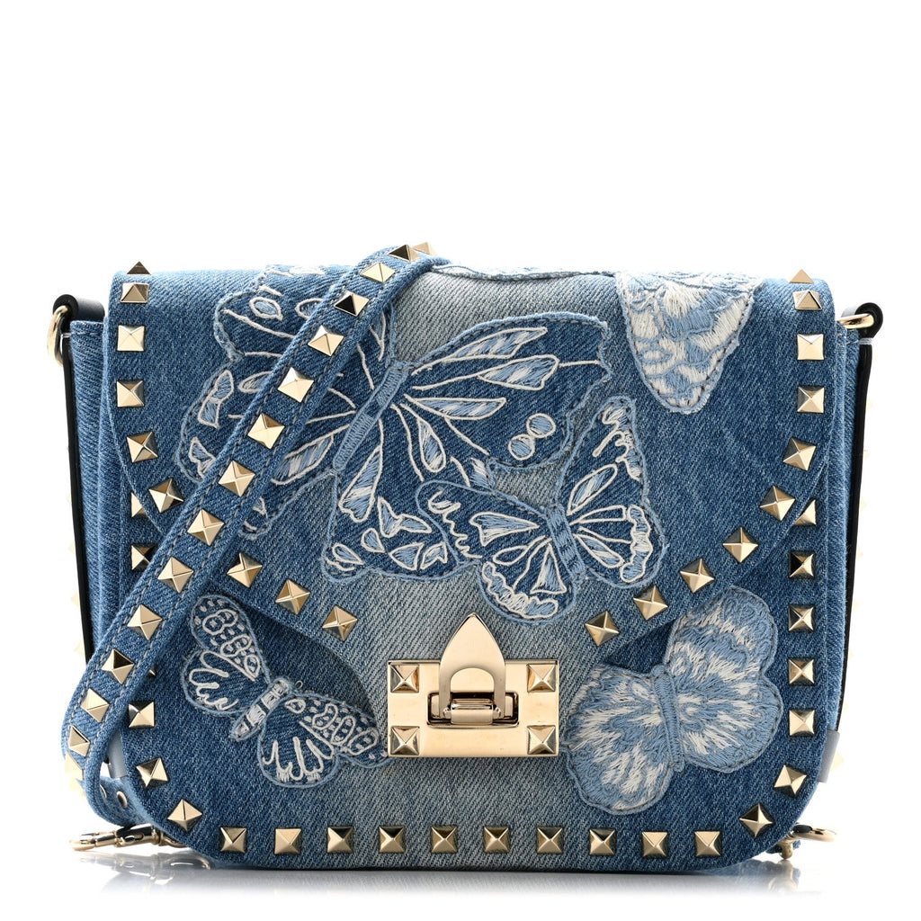 Denim Butterfly Embroidered Rockstud Shoulder Flap Messenger Bag Light Denim
