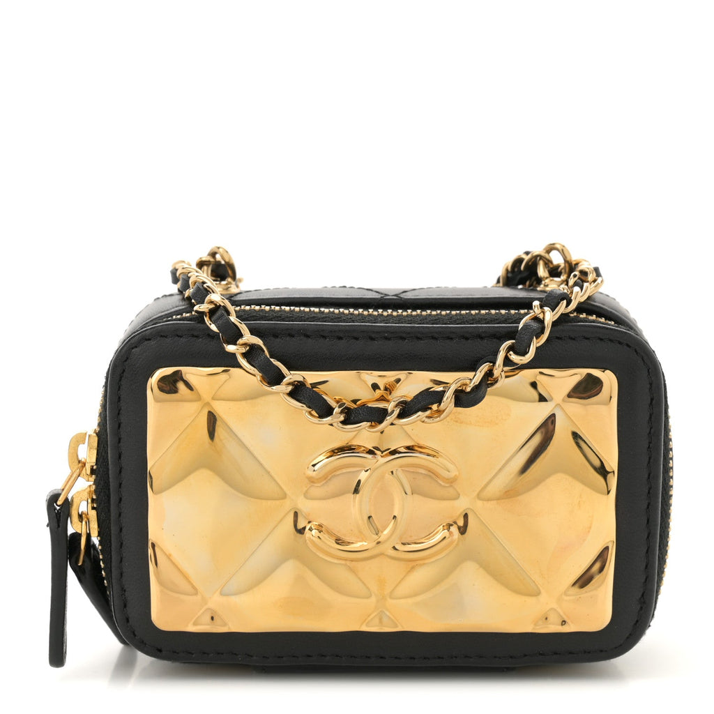 Lambskin Quilted Mini Golden Plate Clutch With Chain Black