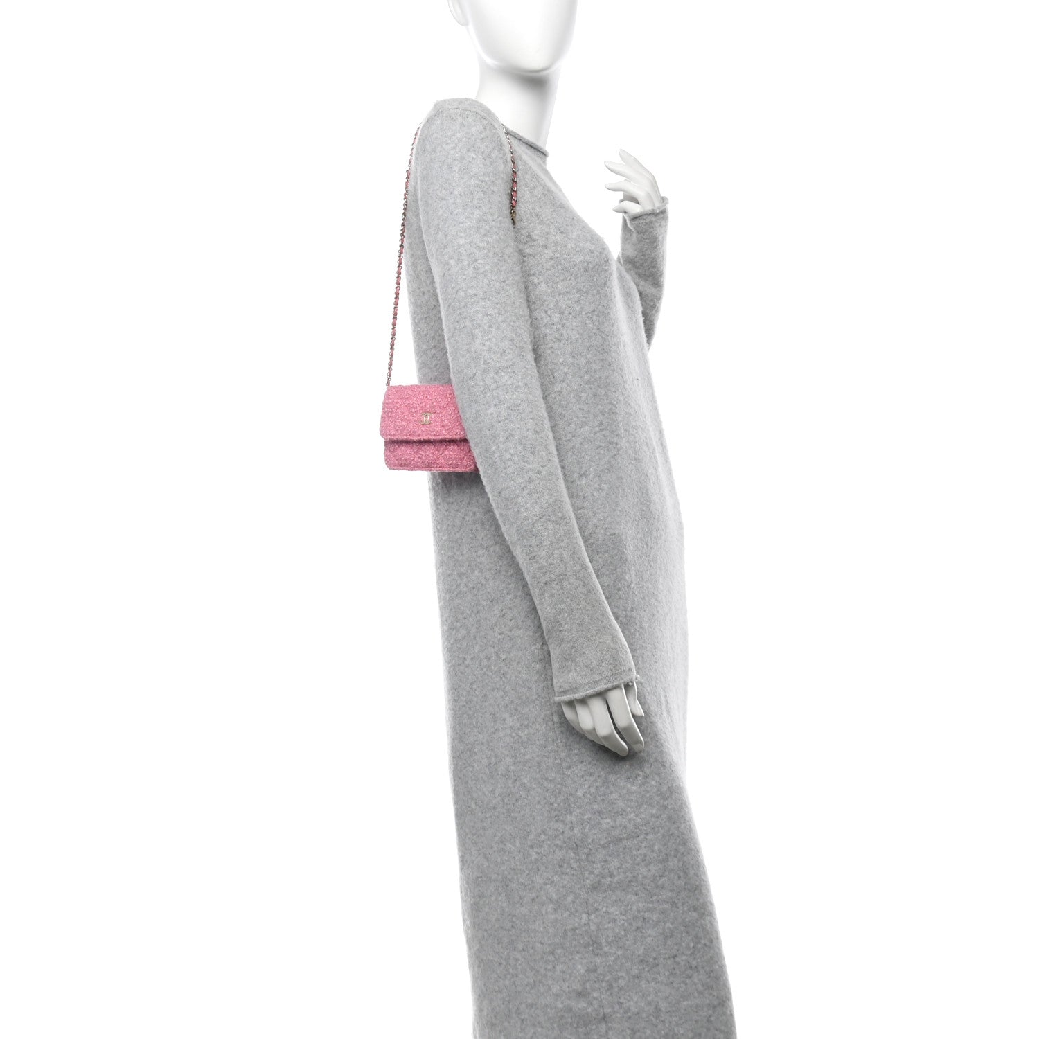Tweed Quilted Flap Chain Waist Bag Pink