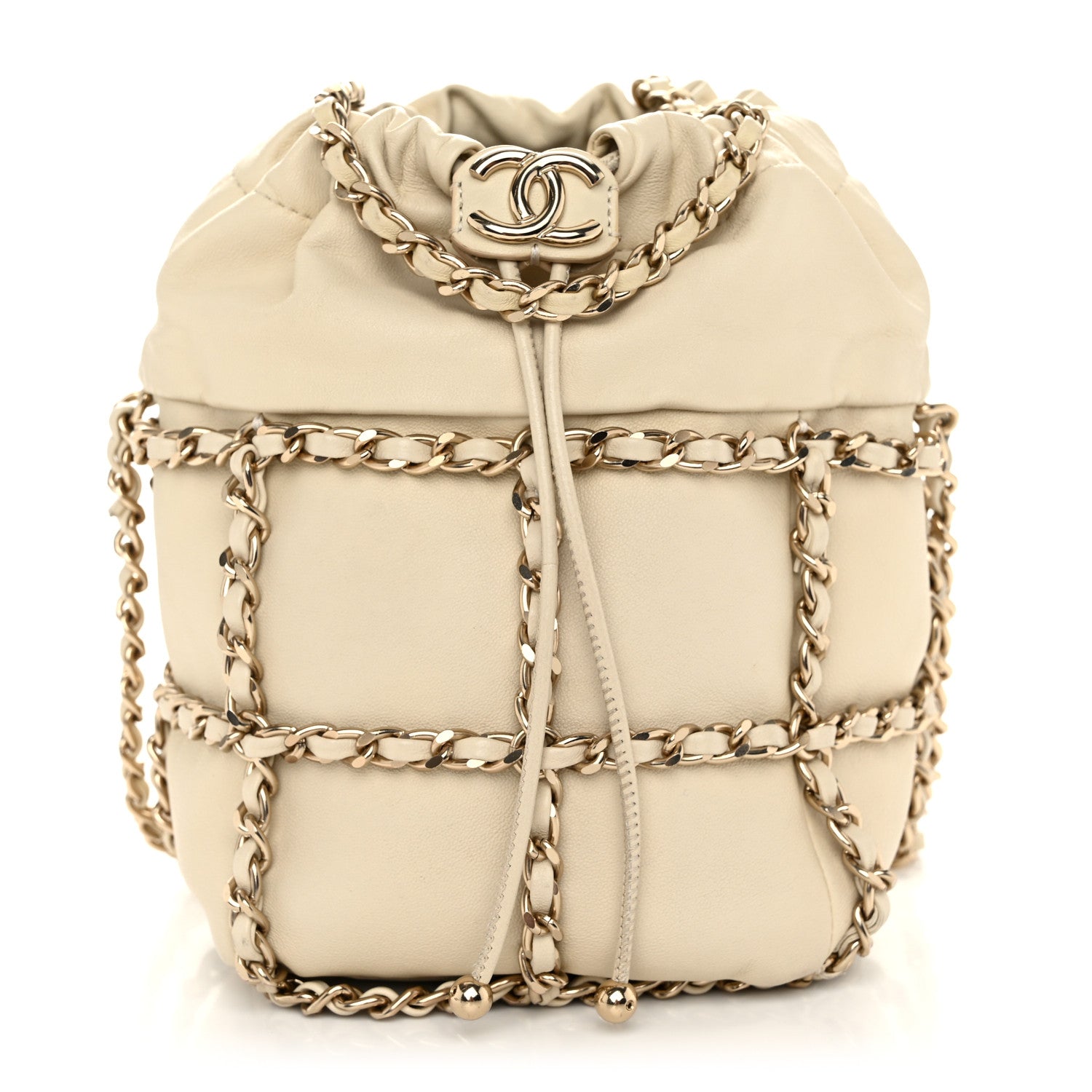 Lambskin Bucket Chain Drawstring Bag Beige