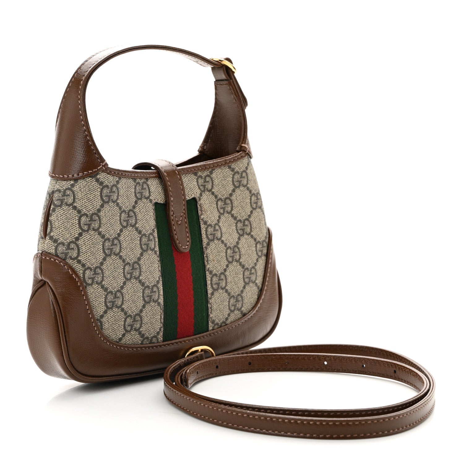 GG Supreme Monogram Azalea Calfskin Web Mini Jackie 1961 Hobo Beige Ebony Brown Sugar