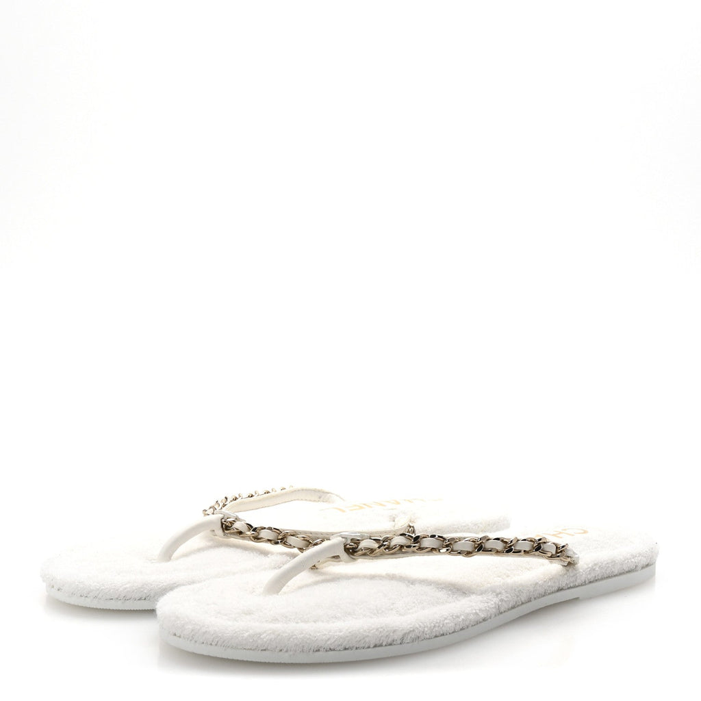 Lambskin Terry Cloth CC Chain Thong Sandals 36 White