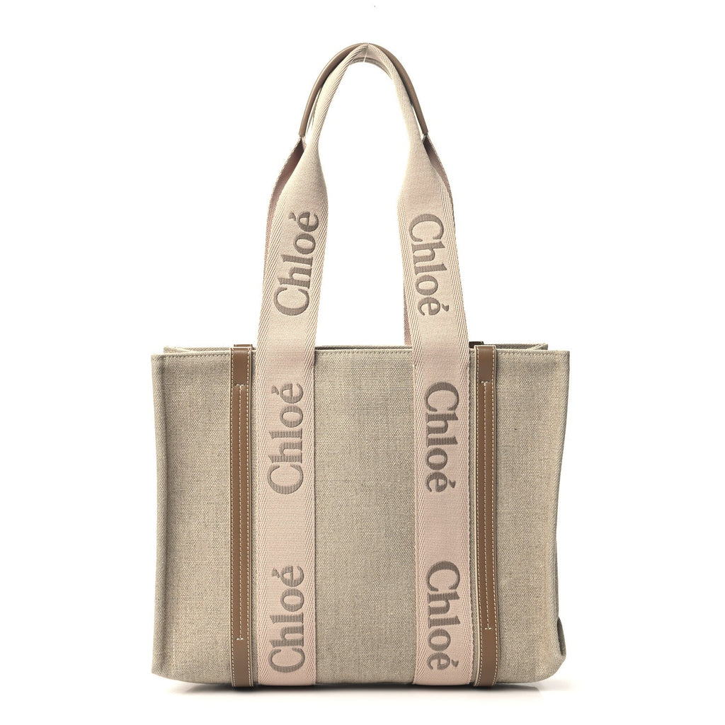 Linen Calfskin Medium Woody Ribbon Tote Blushy Beige