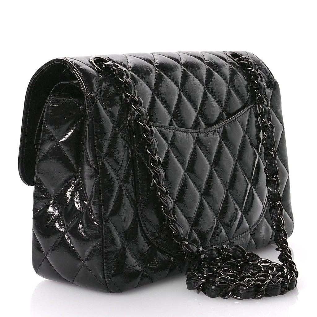 Shiny Crumpled Calfskin Quilted Small Double Flap So Black