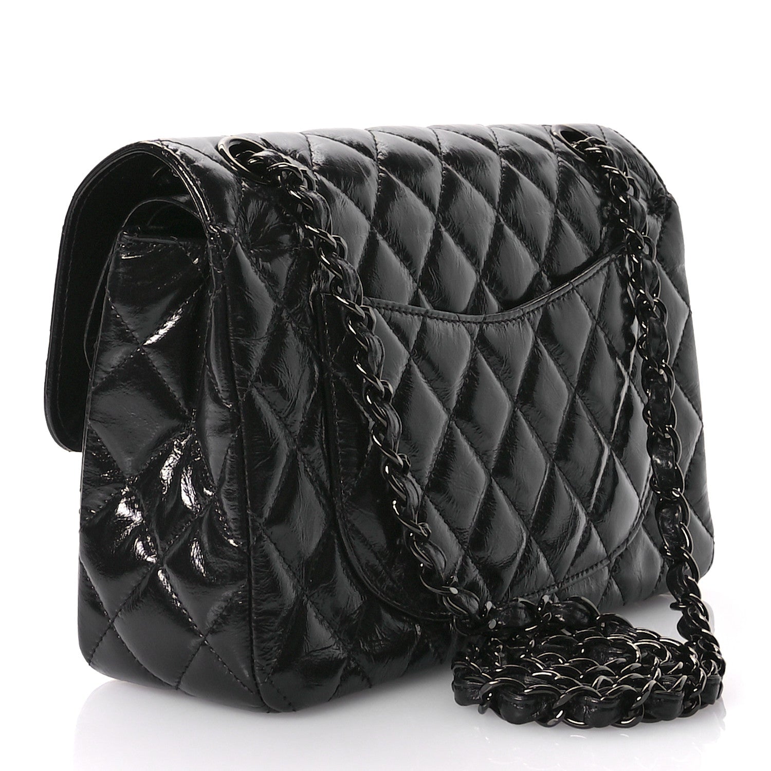 Shiny Crumpled Calfskin Quilted Small Double Flap So Black