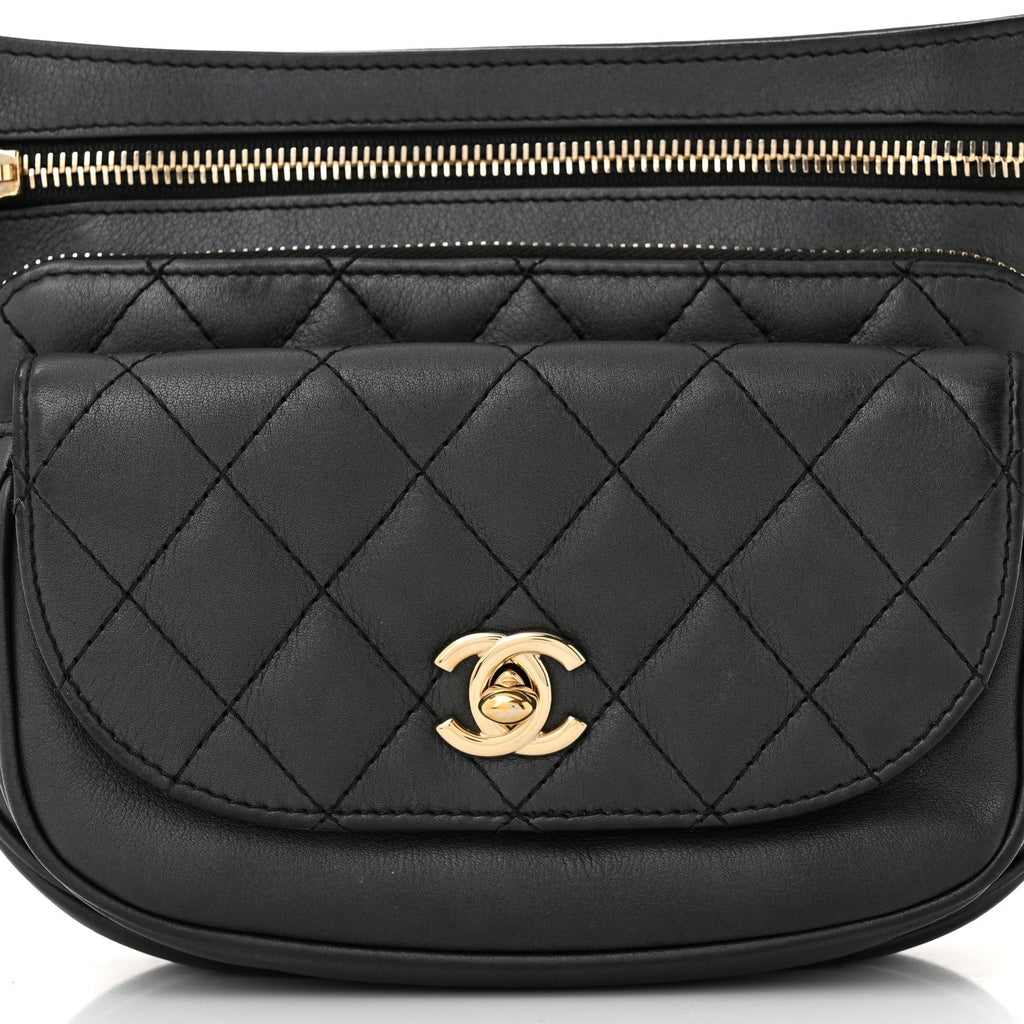 Calfskin Flap Chain Waist Bag Black