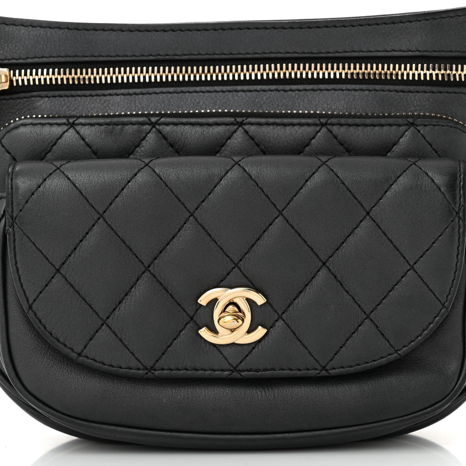 Calfskin Flap Chain Waist Bag Black
