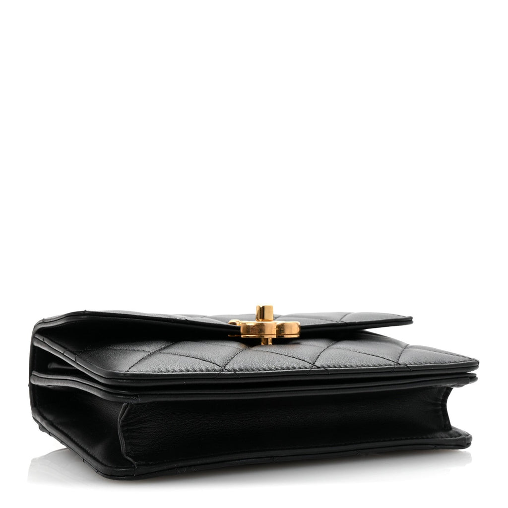 Shiny Calfskin Quilted Mini Metal Top Handle Flap Black