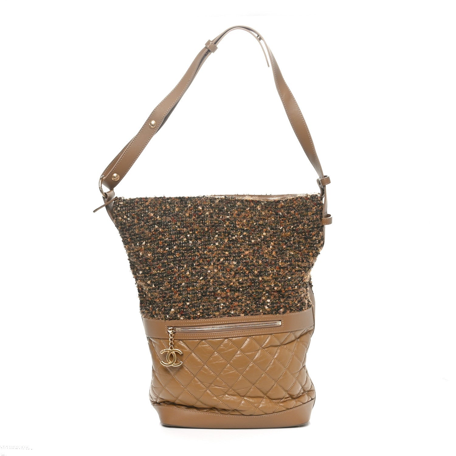 Tweed Aged Calfskin Quilted Casual Style Hobo Beige