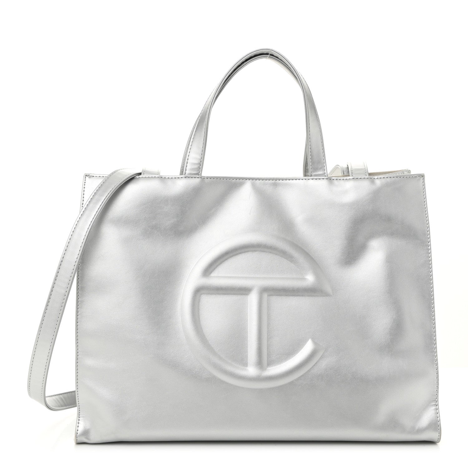 Metallic Vegan Leather Medium Shopping Bag Silver