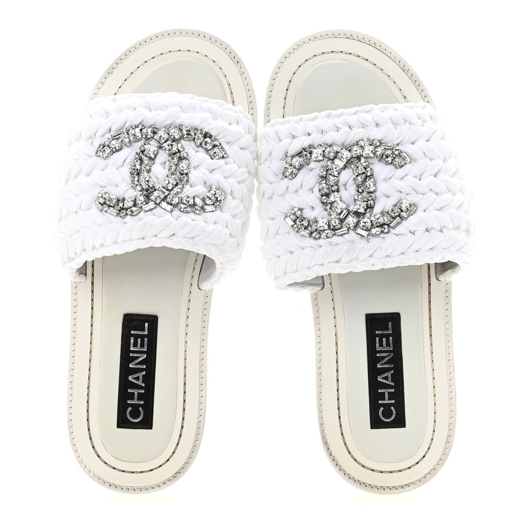 Raffia Crystal CC Mules Sandals 39 White