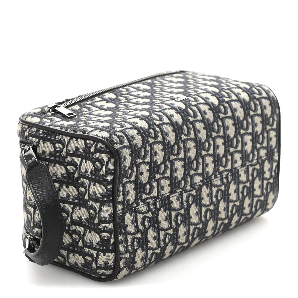 Oblique Jacquard Grained Calfskin Toiletry Bag Blue Black