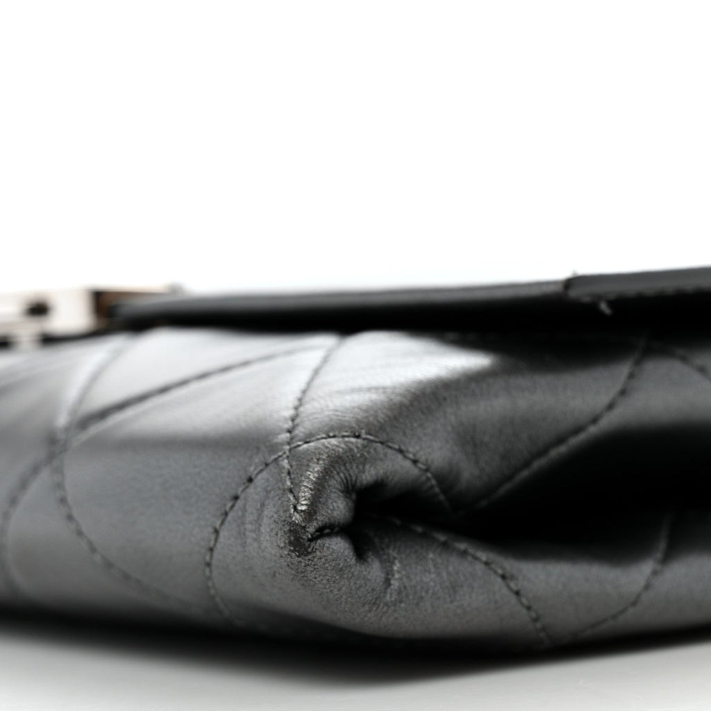 Metallic Lambskin Quilted Retro Label Clutch Charcoal Grey
