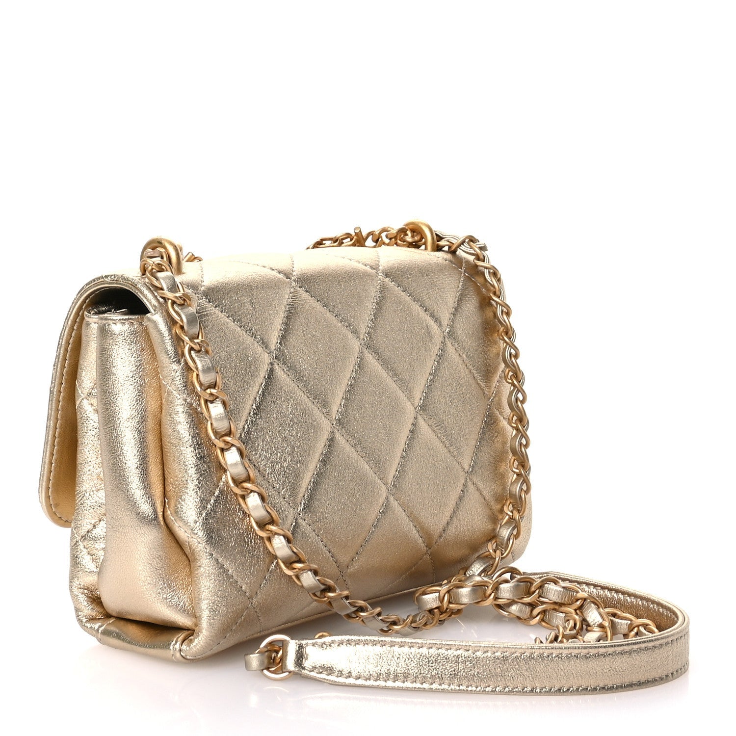 Metallic Lambskin Quilted Mini CC Crystal Logo Chain Flap Gold