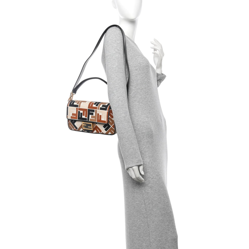 Canvas Vitello Seta FF Embroidered Baguette Brandy Black
