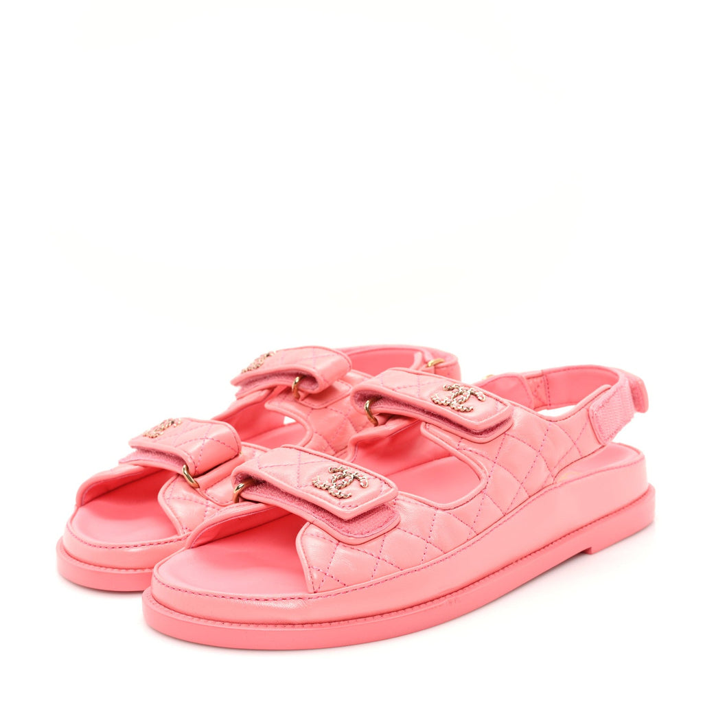 Lambskin Quilted Velcro Dad Chain CC Sandals 40 Pink