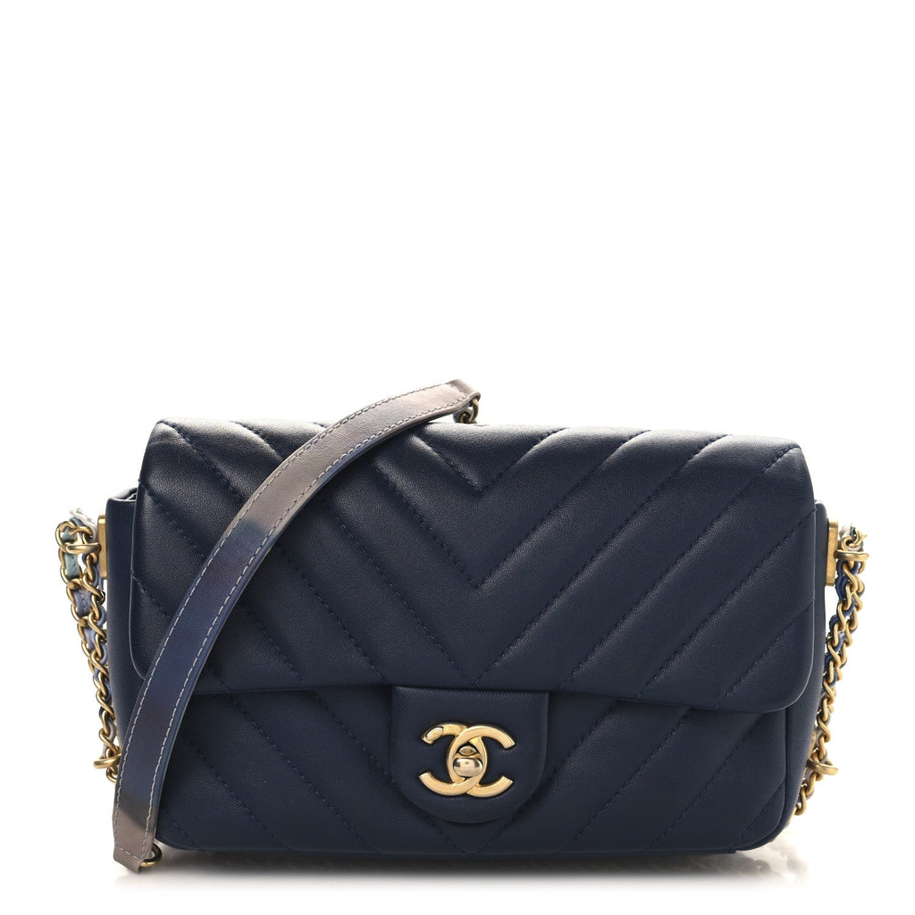 Lambskin Chevron Quilted Mini Chain Around Rectangular Flap Blue