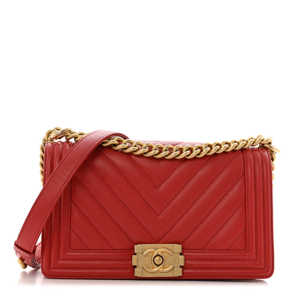 Caviar Chevron Quilted Medium Boy Flap Red
