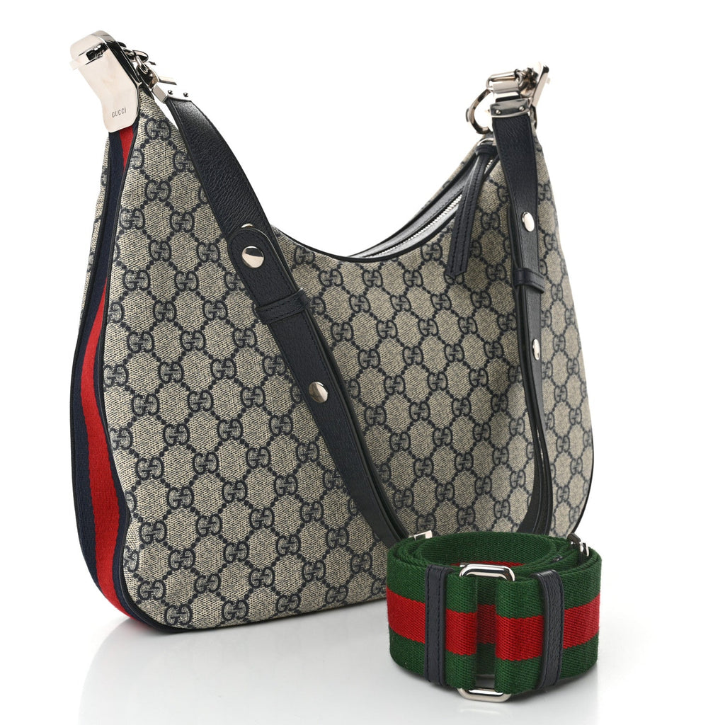 GG Supreme Monogram Textured Calfskin Web Large Attache Shoulder Bag Beige Blue