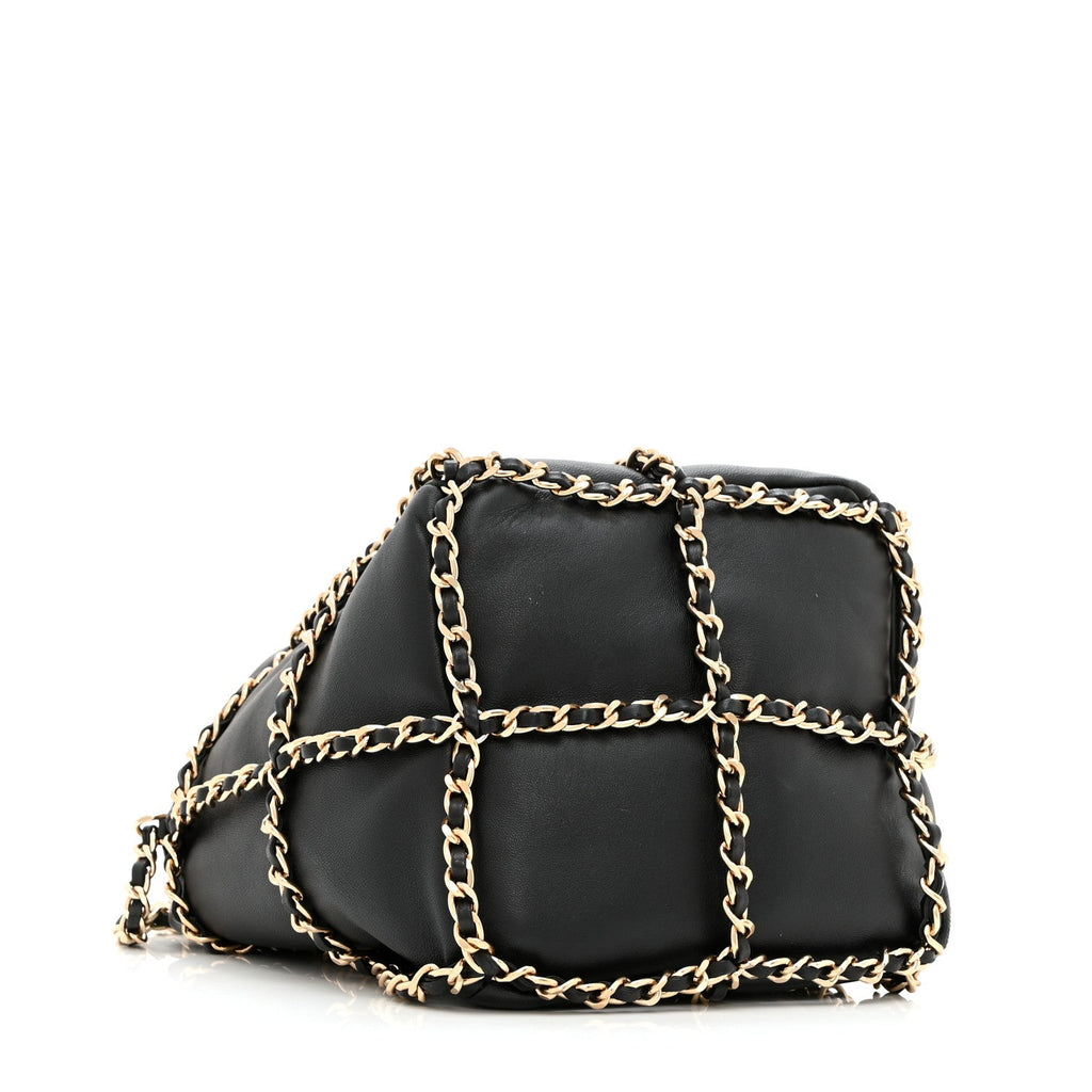 Lambskin Bucket Chain Drawstring Bag Black